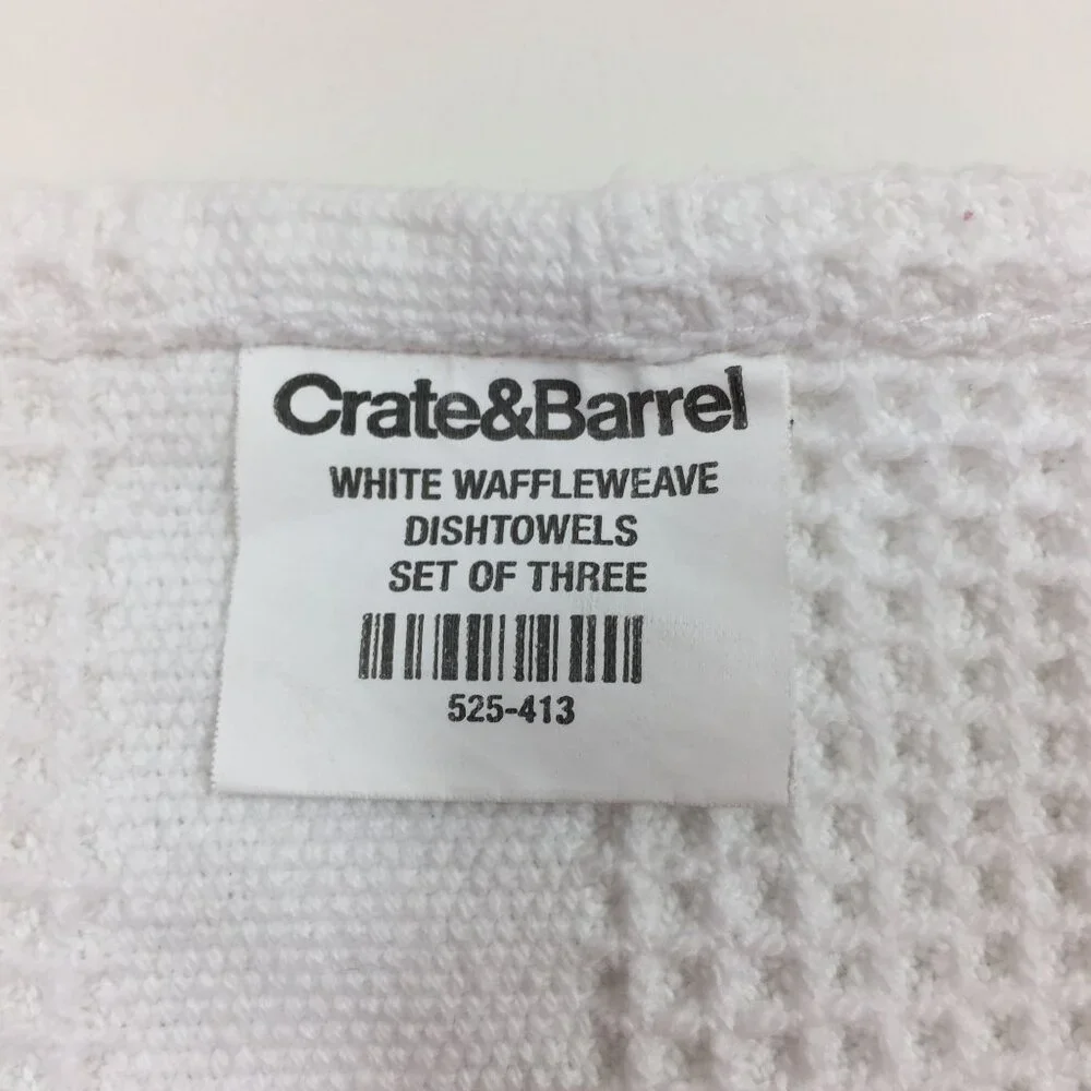 Crate & Barrel Set of 2 White Waffle Weave Dish Towels Duck Brown 24